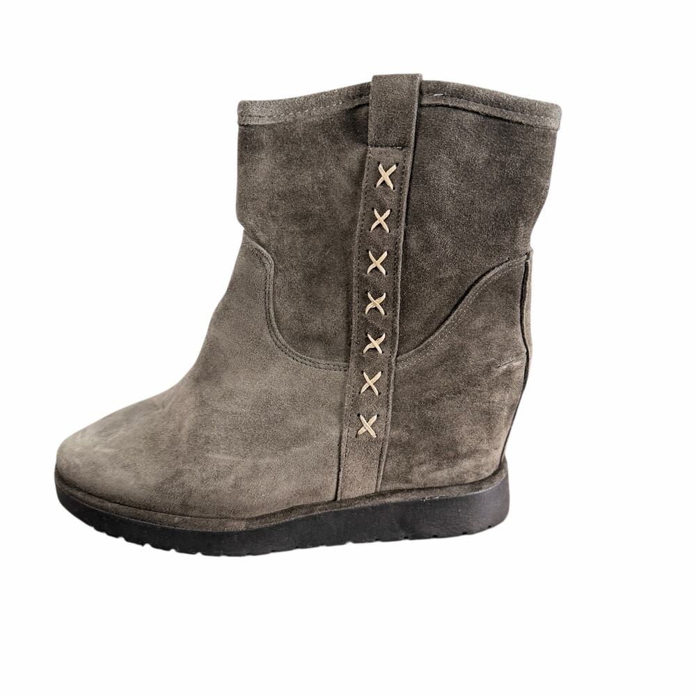 Sundance Suede Shearling Lined Hidden Wedge Ankle Boots Grey Pull On Italian 37